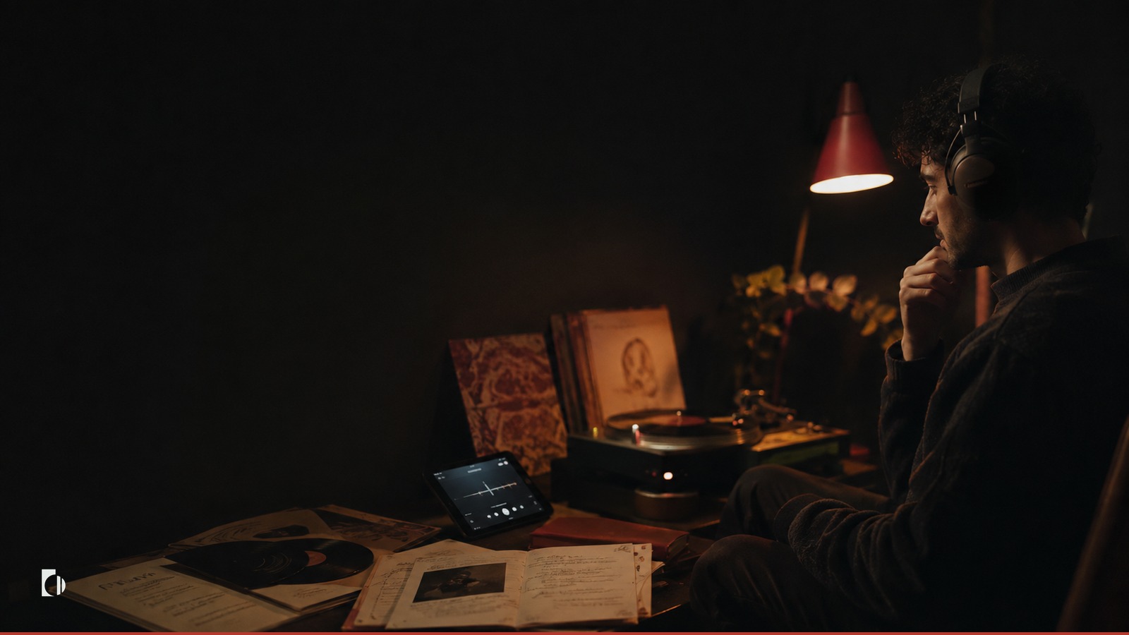 A music fan listening closely beside records and liner notes